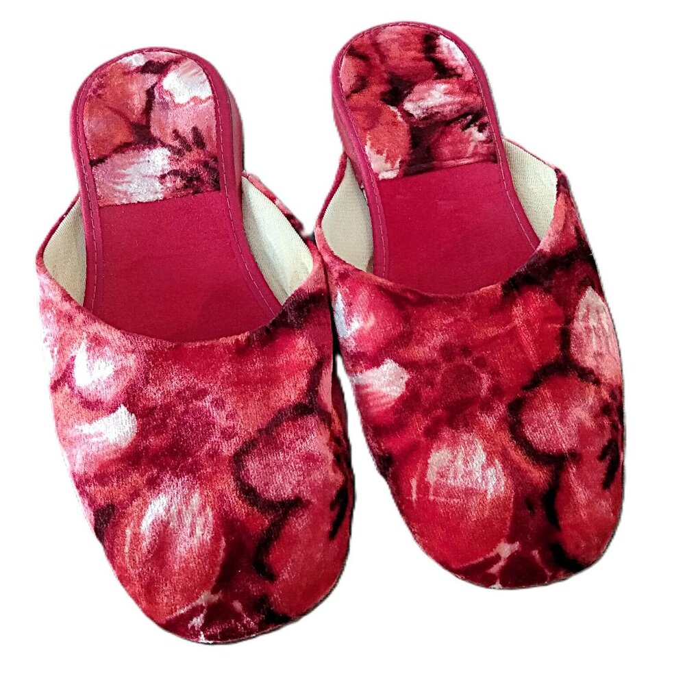 Vintage 60s Velvet Slippers Size 6 Asian Floral Print Retro MCM